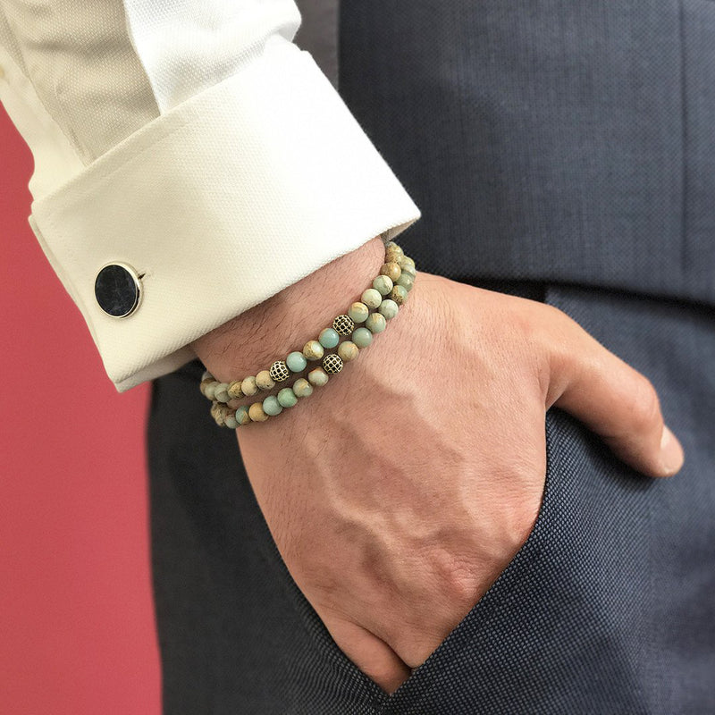 Stretchy Silver Skull Black Snow Stone Men's Beaded Bracelet - Ephori  London - Luxury custom natural stone beaded bracelets